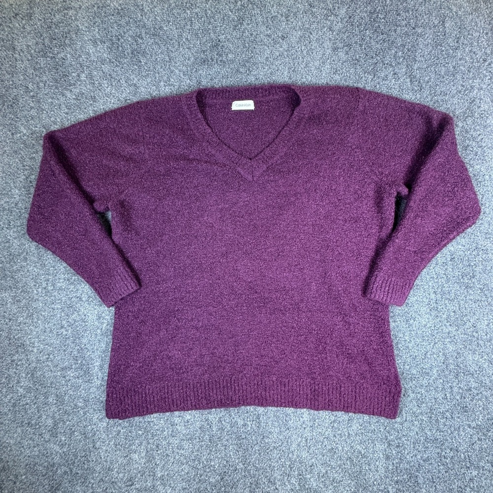Calvin Klein Sweater Mens L Purple Merino Wool Ribbed Hem V Neck Classic READ